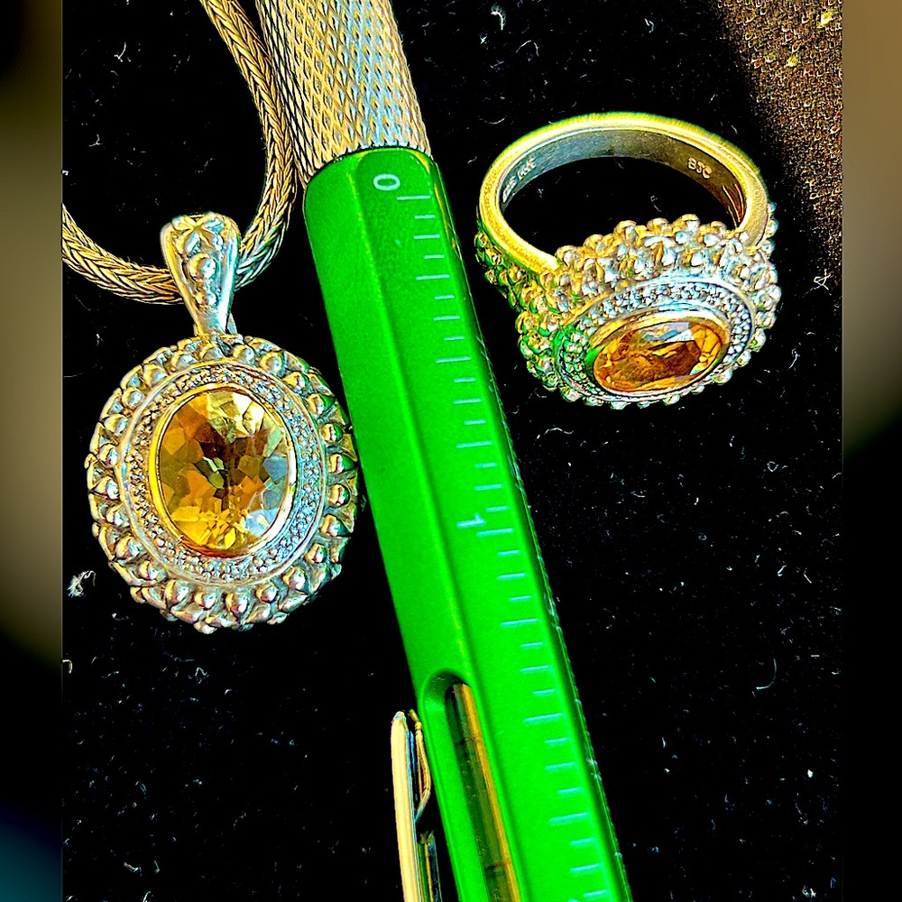 Vintage Samuel B.(Benham)Necklace & Ring Citrine&Diamonds set in 925 & 14K Gold - Picture 5 of 17